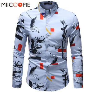 Men Long Sleeve Shirt Spring Floral Striped Plaid Printed