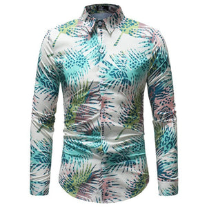Men Long Sleeve Shirt Spring Floral Striped Plaid Printed
