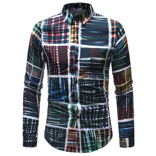 Men Long Sleeve Shirt Spring Floral Striped Plaid Printed