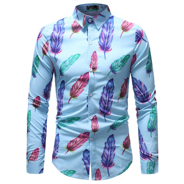 Men Long Sleeve Shirt Spring Floral Striped Plaid Printed