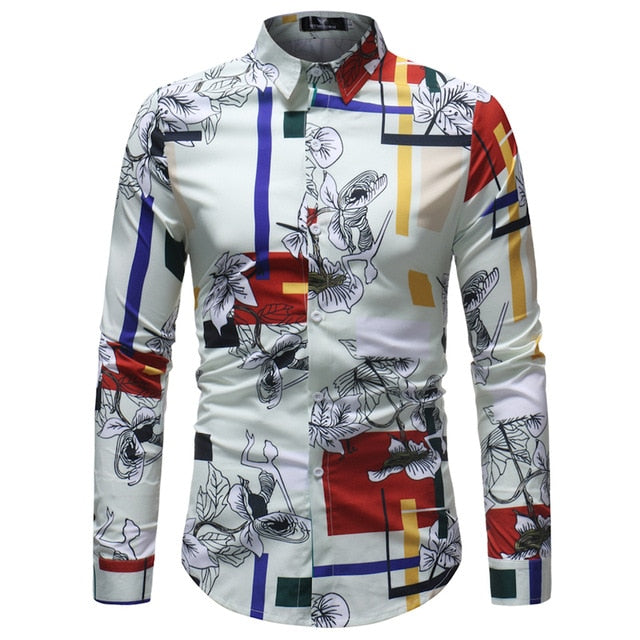 Men Long Sleeve Shirt Spring Floral Striped Plaid Printed