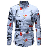 Men Long Sleeve Shirt Spring Floral Striped Plaid Printed