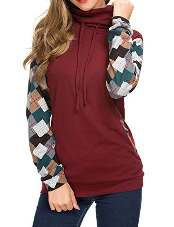 Cowl Neck Drawsting Checkered Stitching Long Sleeves