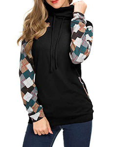 Cowl Neck Drawsting Checkered Stitching Long Sleeves