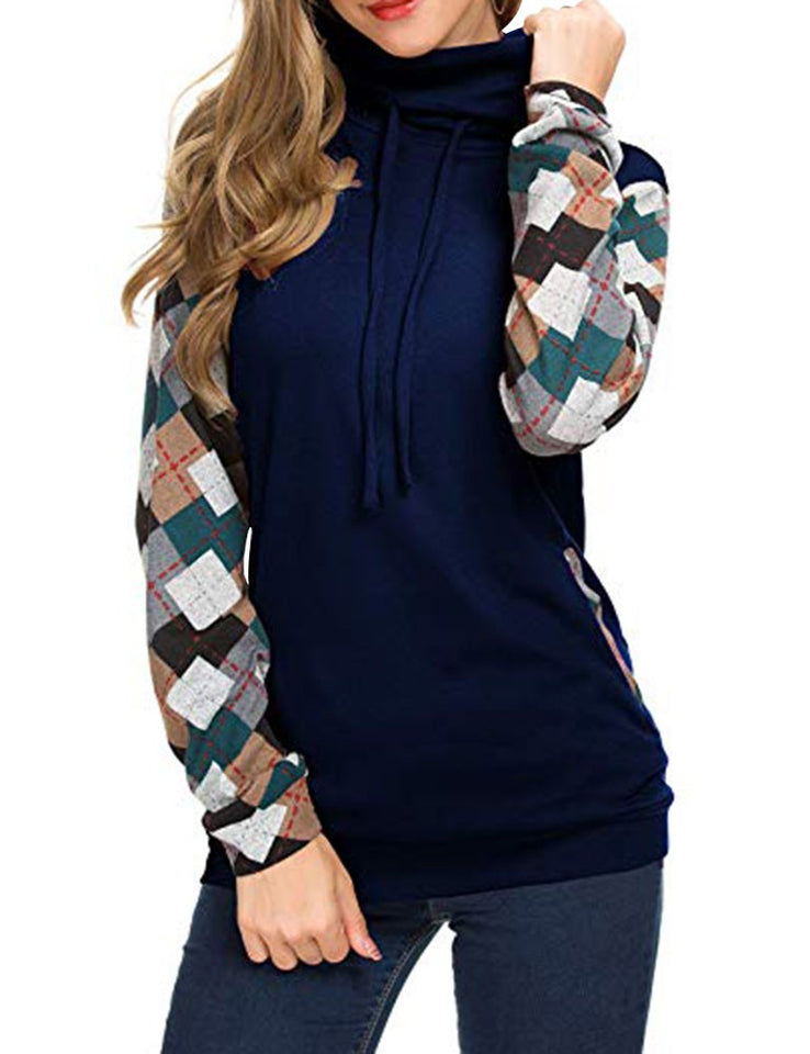 Cowl Neck Drawsting Checkered Stitching Long Sleeves