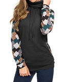 Cowl Neck Drawsting Checkered Stitching Long Sleeves
